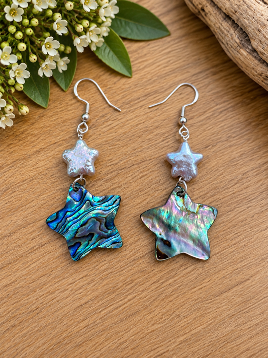 Abalone star earrings with smaller pale star accents