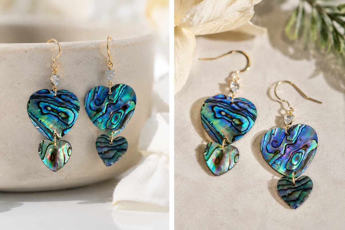 Abalone earrings with two cascading heart-shaped drops and gold-tone findings