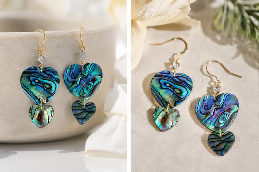 Abalone earrings with two cascading heart-shaped drops and gold-tone findings