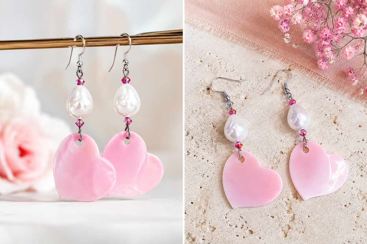 Pink heart shell earrings with pale pearl accents