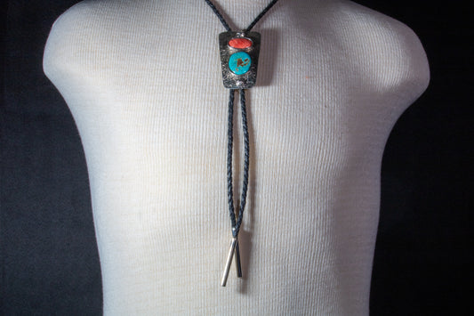 Tufa Cast Sterling Silver, Kingman Turquoise and Spiny Oyster Shell Bolo with Handmade Tips