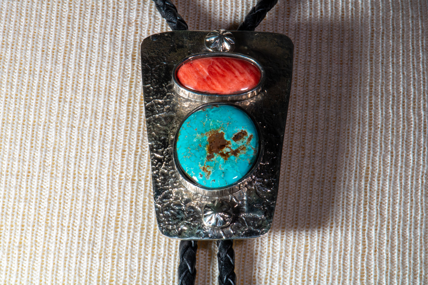 Tufa Cast Sterling Silver, Kingman Turquoise and Spiny Oyster Shell Bolo with Handmade Tips