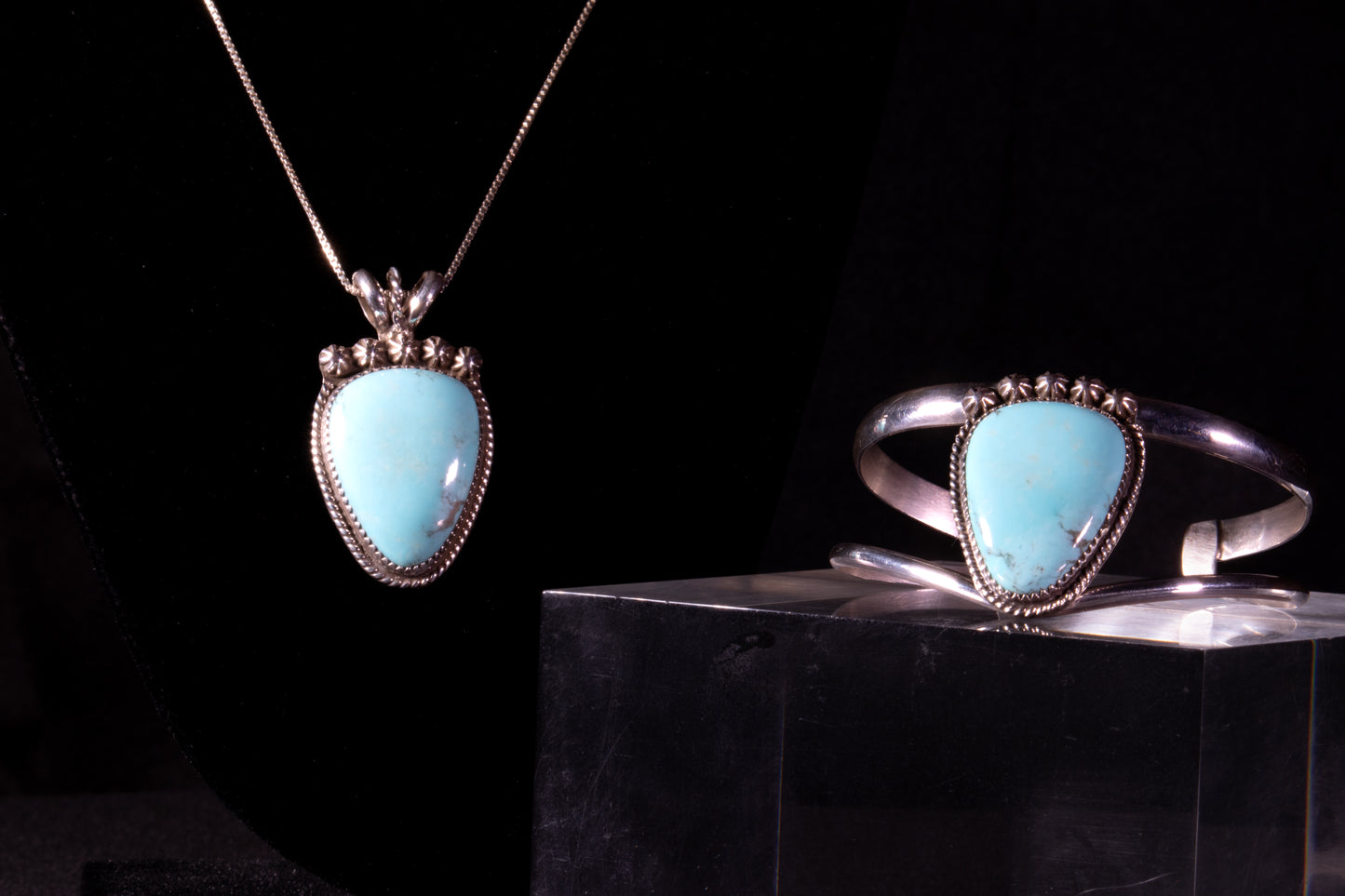 Sterling Silver and Natural Campitos Turquoise Sweater Bracelet and Pendant Set