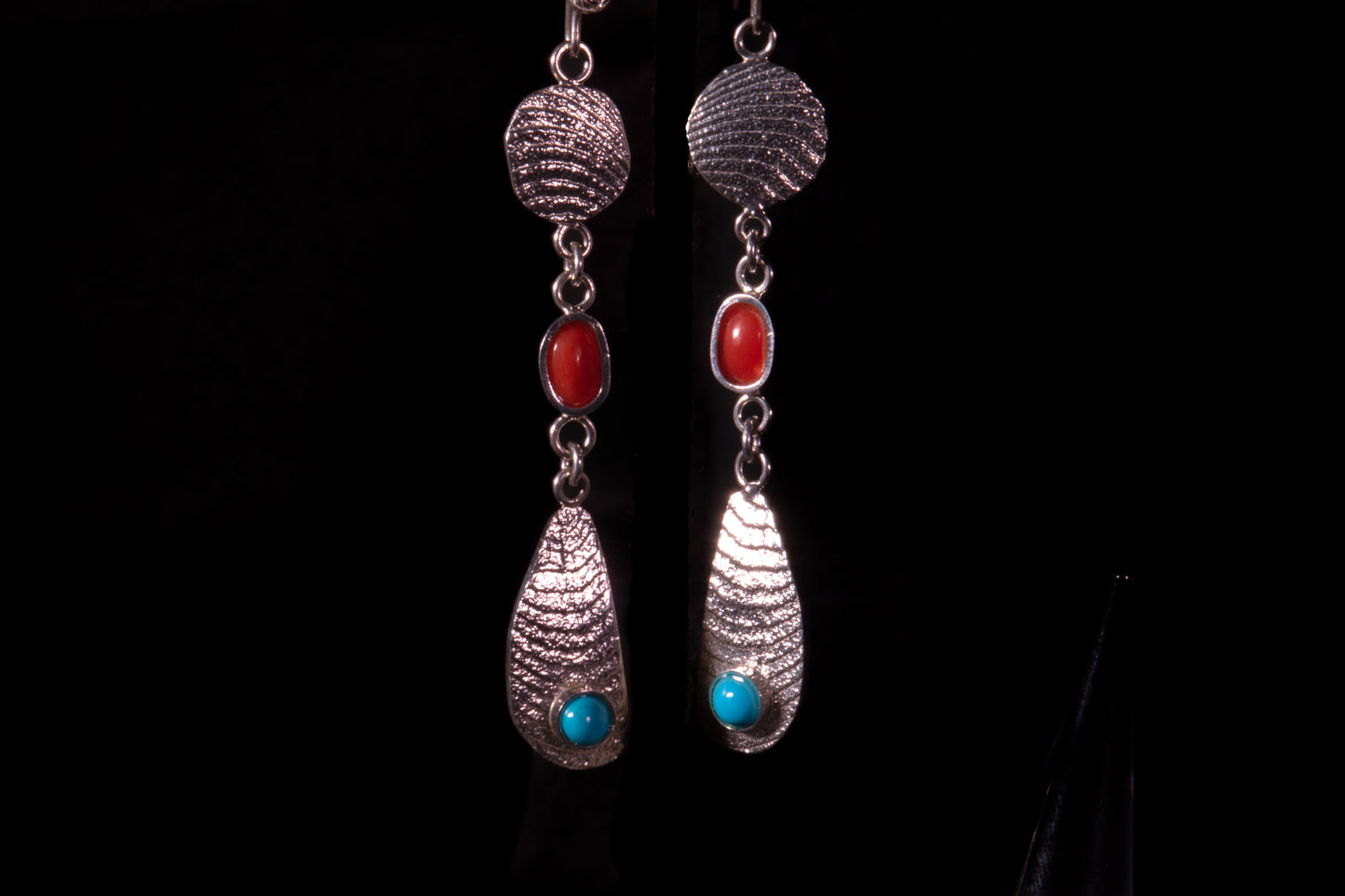 Cuttlefish Casted Sterling Silver with Sleeping Beauty and Mediterranean Coral Earrings & Ring Set