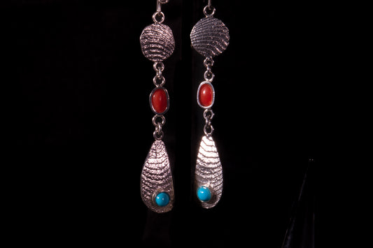 Cuttlefish Casted Sterling Silver with Sleeping Beauty and Mediterranean Coral Earrings & Ring Set