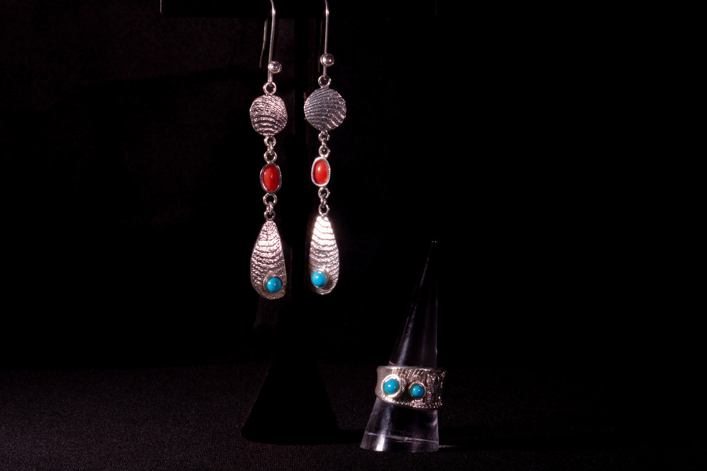 Cuttlefish Casted Sterling Silver with Sleeping Beauty and Mediterranean Coral Earrings & Ring Set