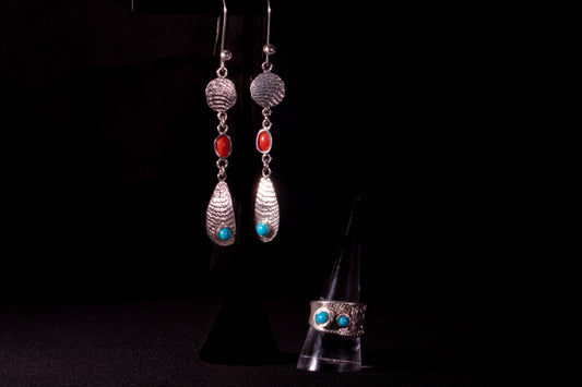 Cuttlefish Casted Sterling Silver with Sleeping Beauty and Mediterranean Coral Earrings & Ring Set