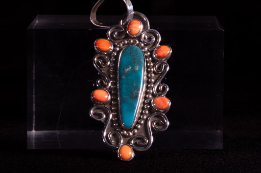 Kingman Turquoise and Spiny Oyster Shell Pendant and Ring Set