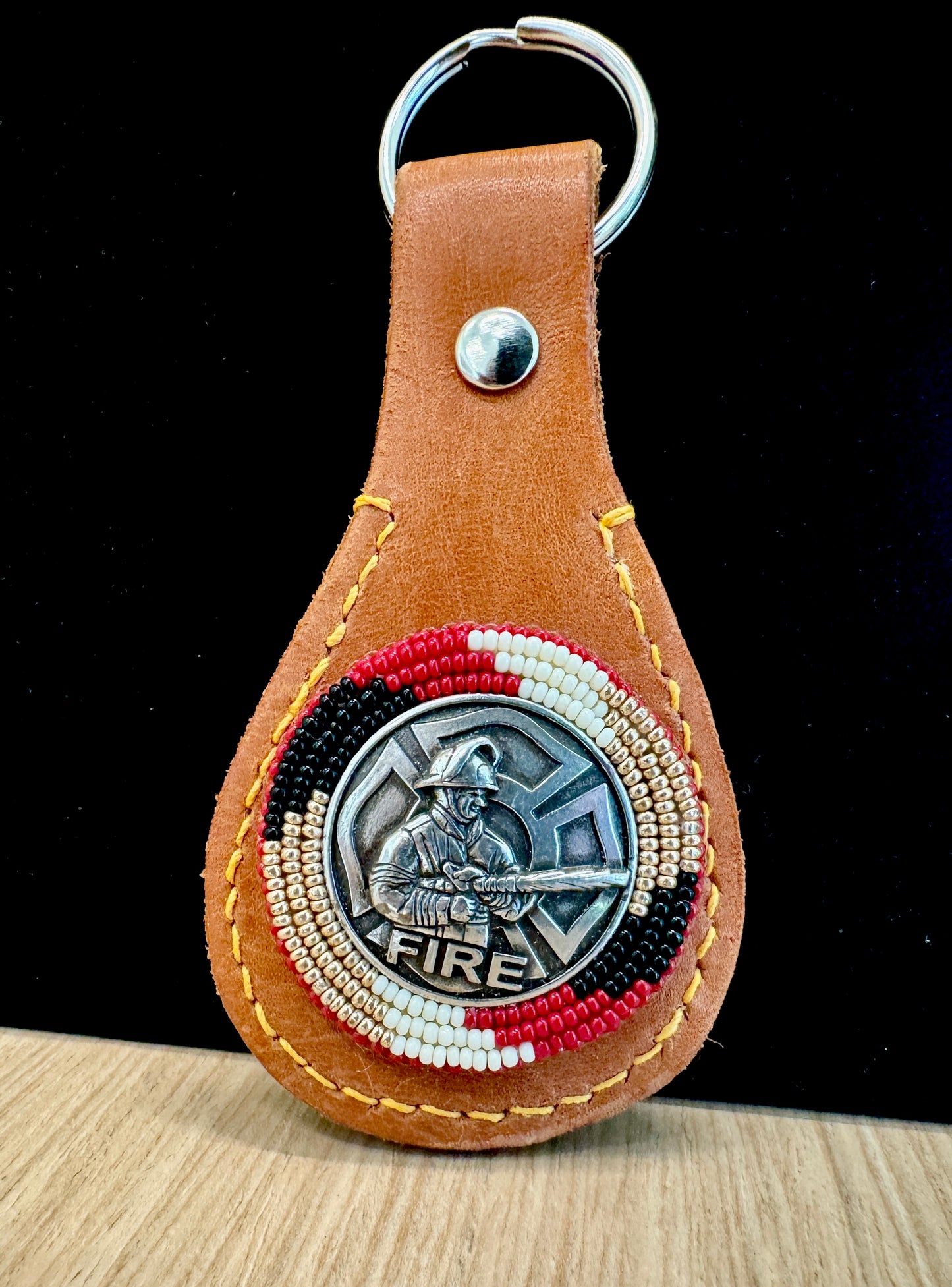 Leather Keychain Firefighter Challenge Coin