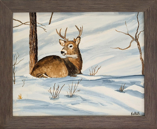 Deer in Snow Watercolor on Clayboard