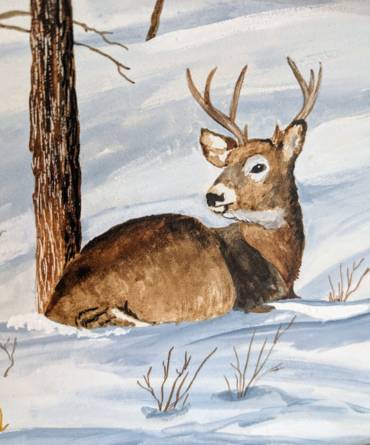 Deer in Snow Watercolor on Clayboard