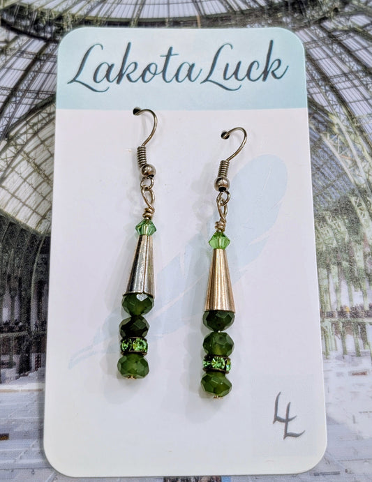 Jade, Swarovski Crystal, and Silver Cone Earrings