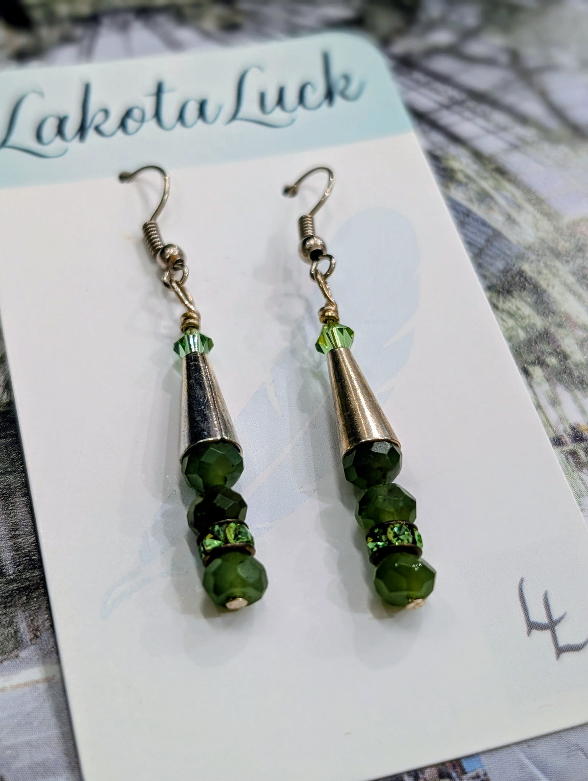 Jade, Swarovski Crystal, and Silver Cone Earrings