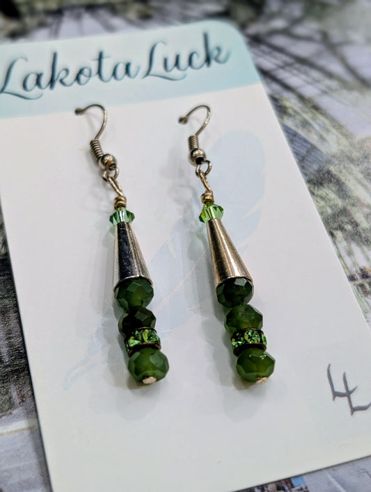 Jade, Swarovski Crystal, and Silver Cone Earrings