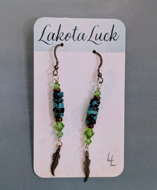 Turquoise, Green Swarovski Crystal, and Sterling Silver Feather Earrings