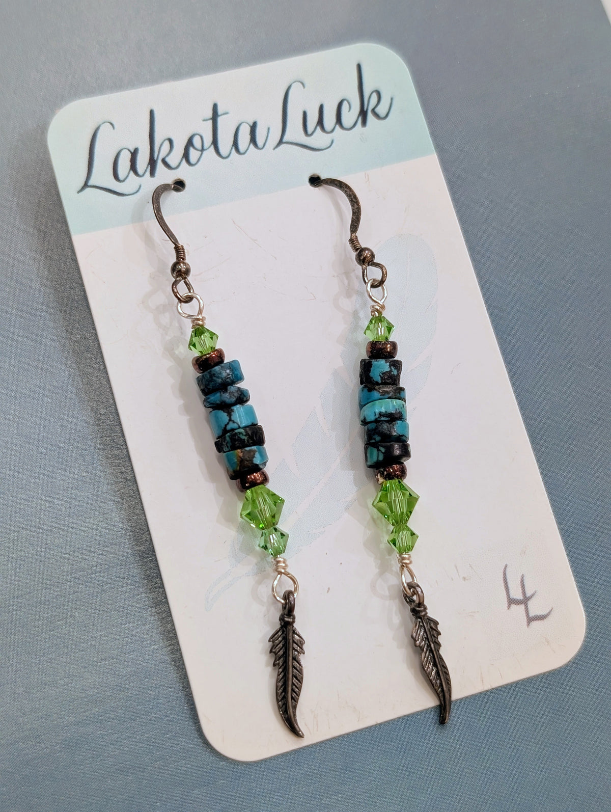 Turquoise, Green Swarovski Crystal, and Sterling Silver Feather Earrings