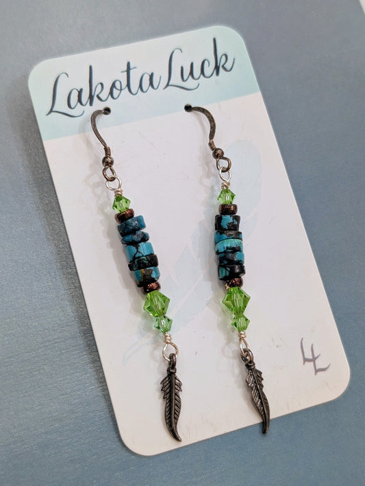 Turquoise, Green Swarovski Crystal, and Sterling Silver Feather Earrings