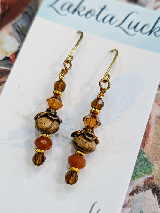 Picture Jasper, Orange Aventurine, and Swarovski Crystal Earrings
