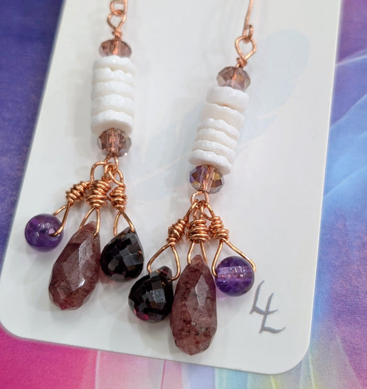 Garnet, Muscovite, Amethyst, Crystal, and Heishi Shell Earrings