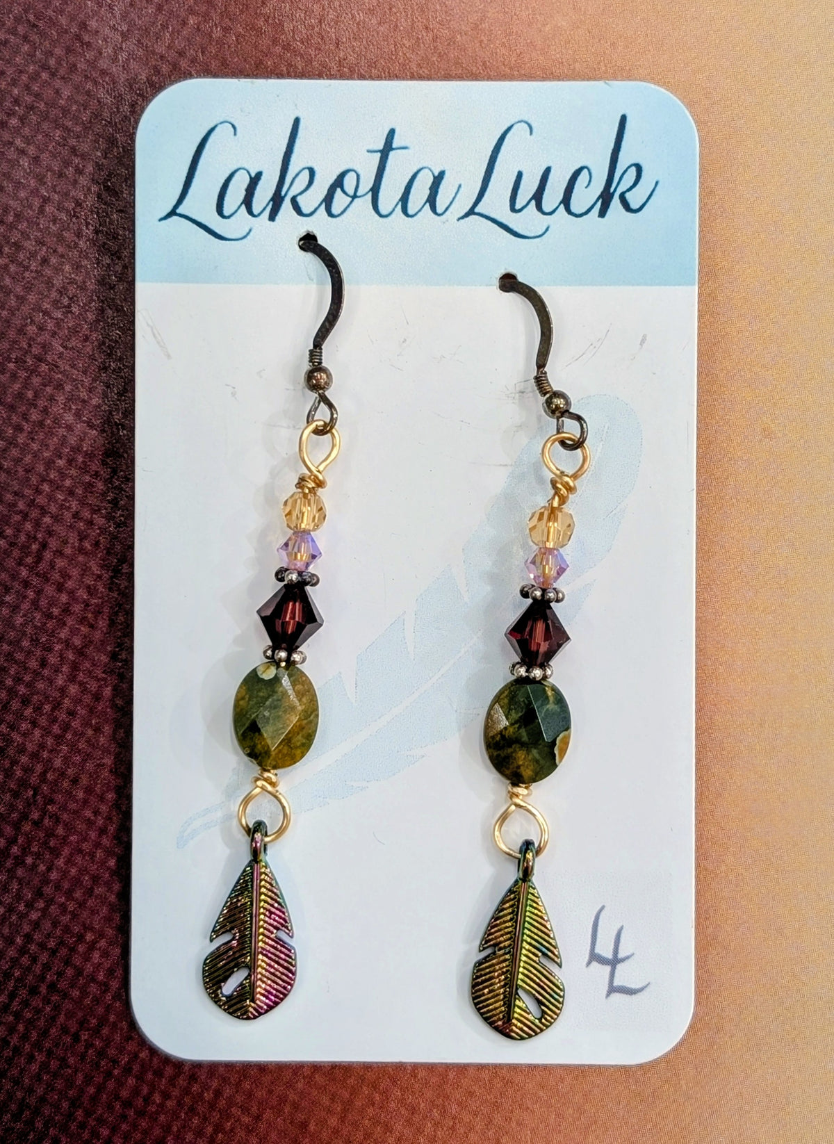 Rainforest Jasper Stones w/Crystals, and Metal Feather Earrings