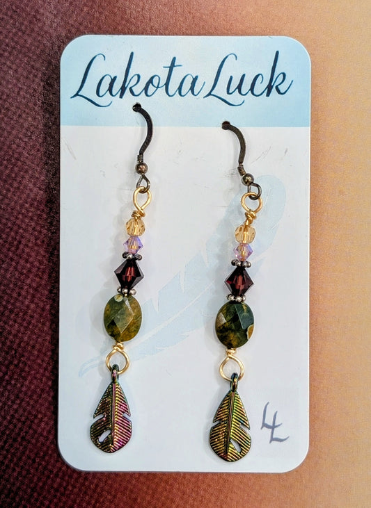 Rainforest Jasper Stones w/Crystals, and Metal Feather Earrings