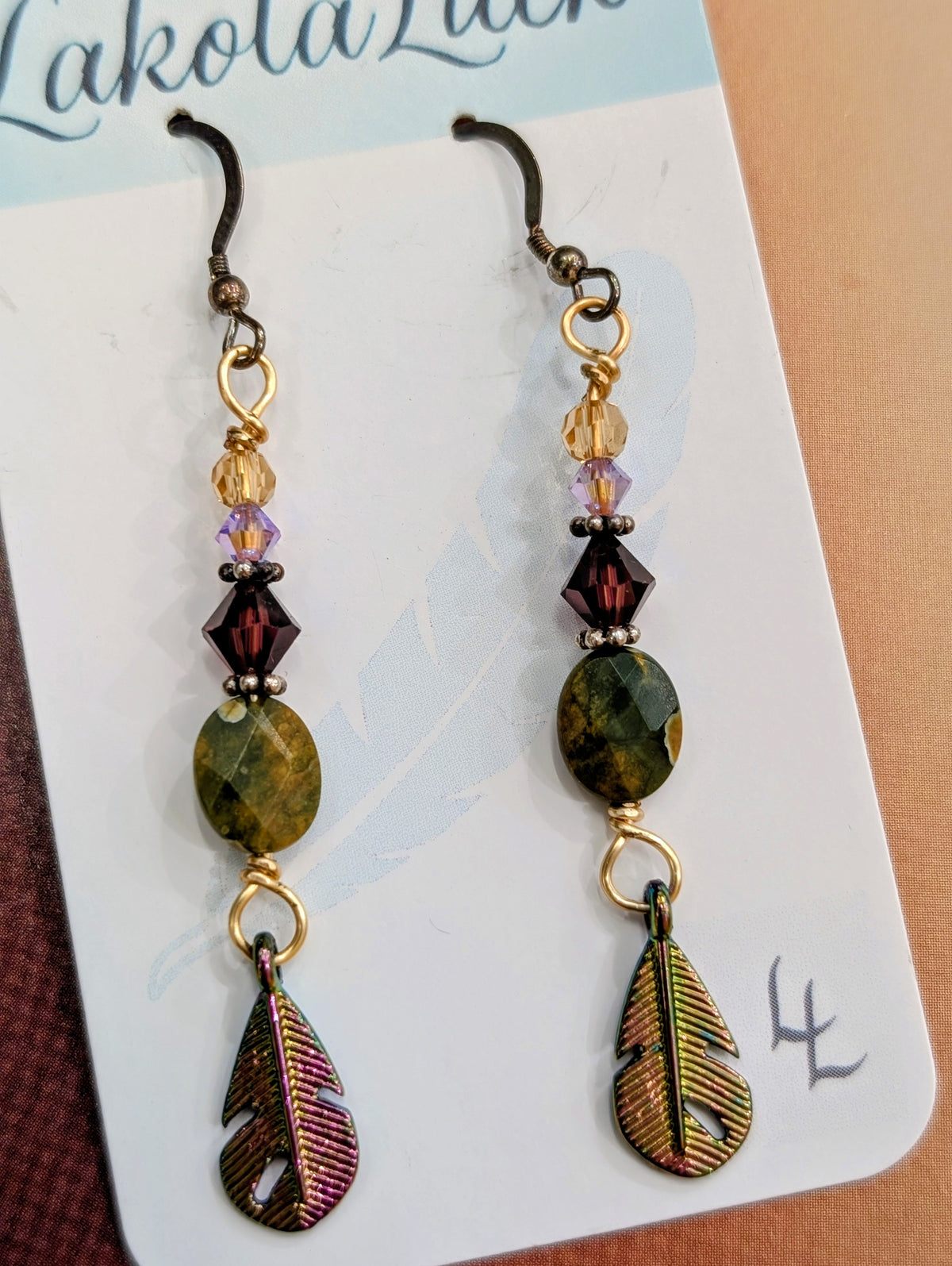 Rainforest Jasper Stones w/Crystals, and Metal Feather Earrings