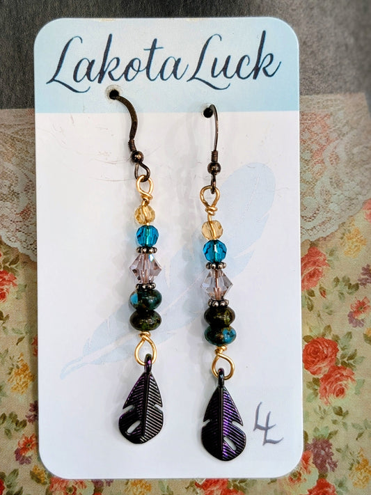 Arizona Turquoise, Crystal, Titanium, and Feather Earrings
