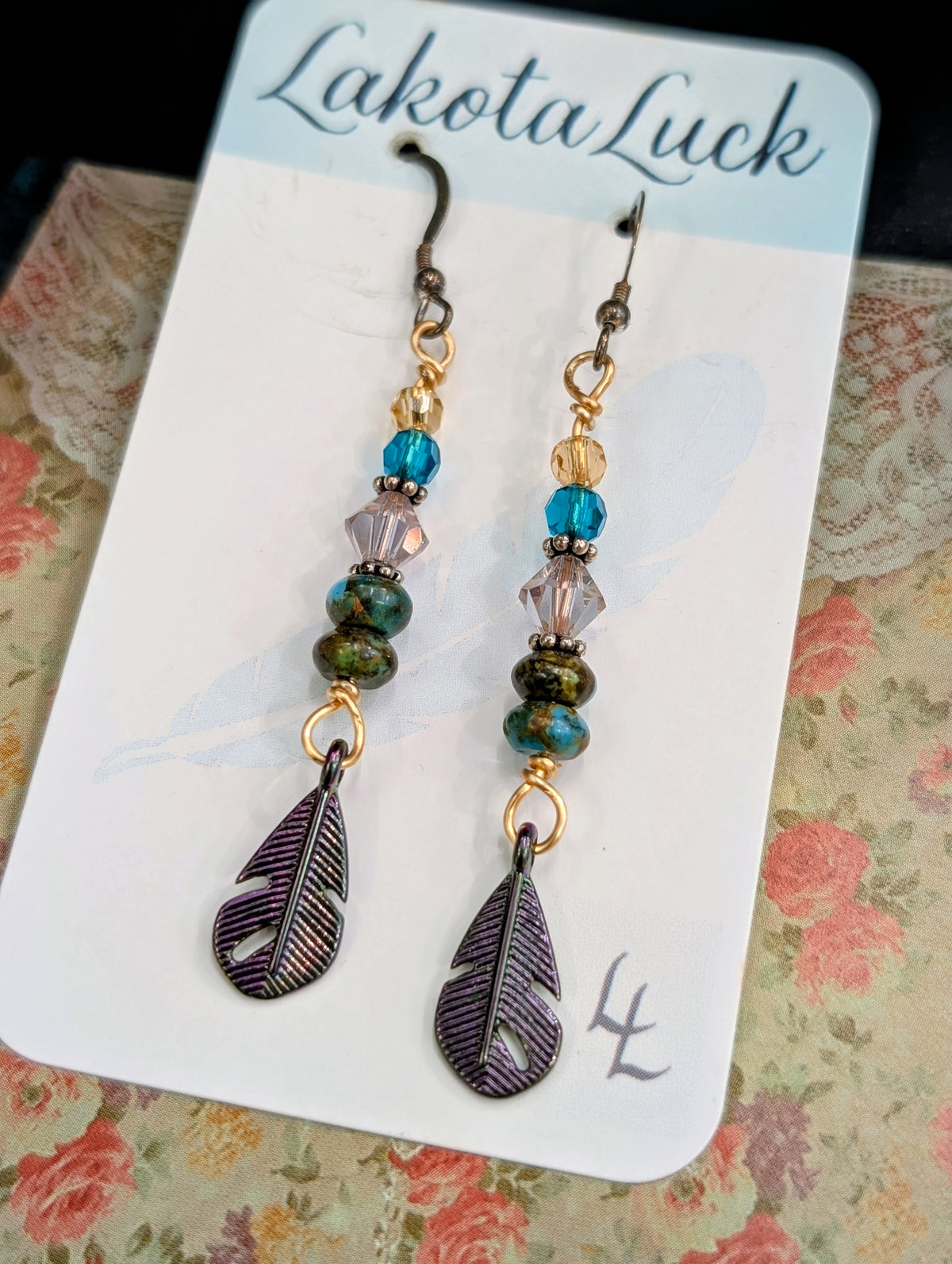 Arizona Turquoise, Crystal, Titanium, and Feather Earrings