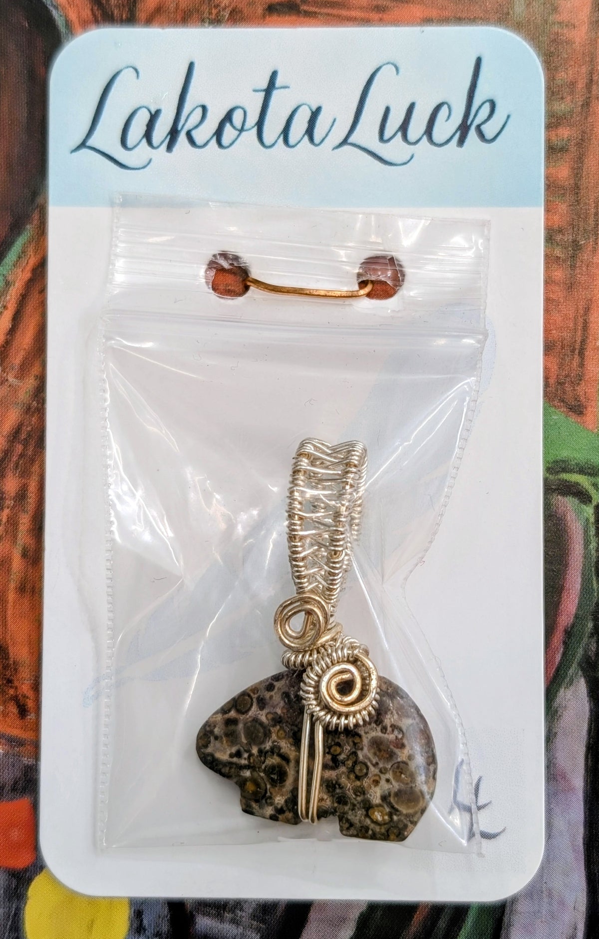 Wire Wrapped Bird's Eye Jasper Zuni Bear Pendant