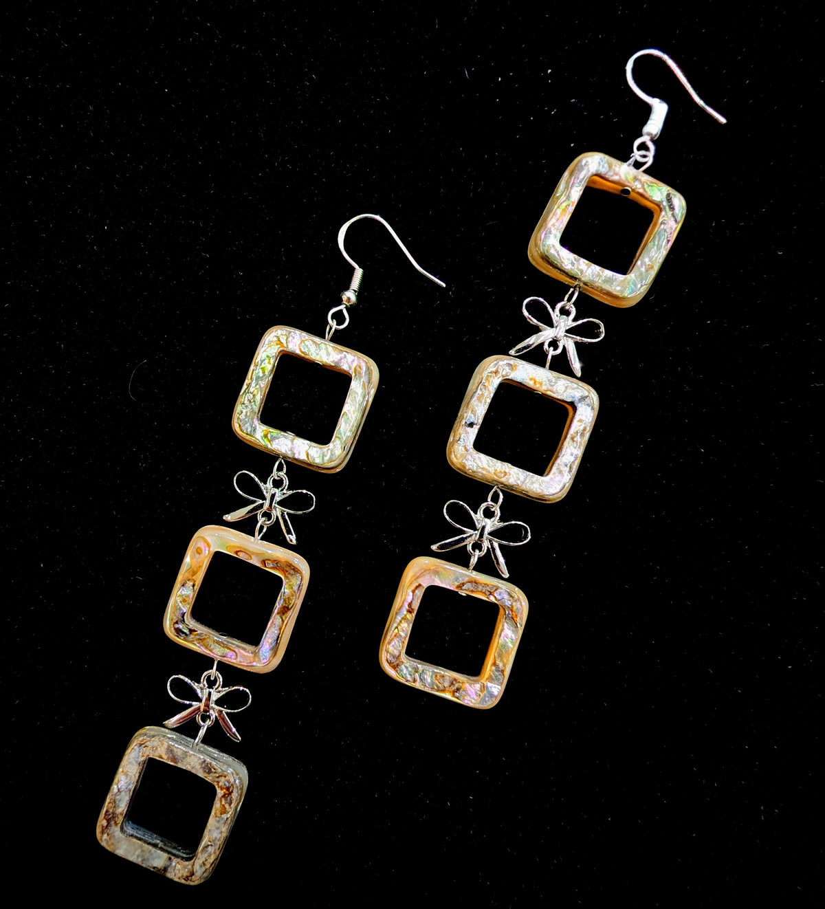Three-Drop Square Cutout Abalone Earrings